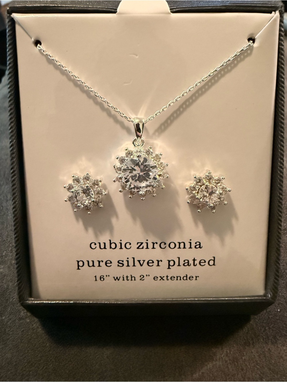 Silver Plated Cubic Zirconia Necklace & Stud Earrings Set - White